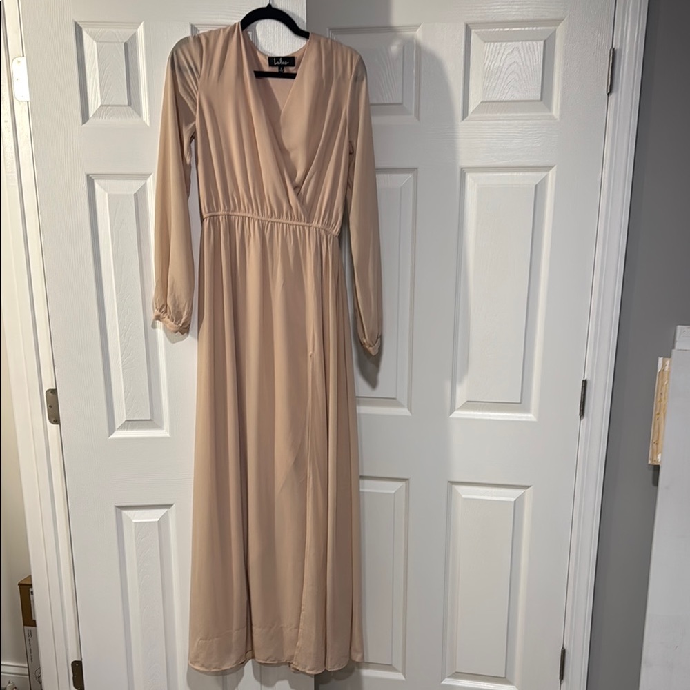 Lulu's Blush Long Sleeve Wrap Gown for Wedding Guest